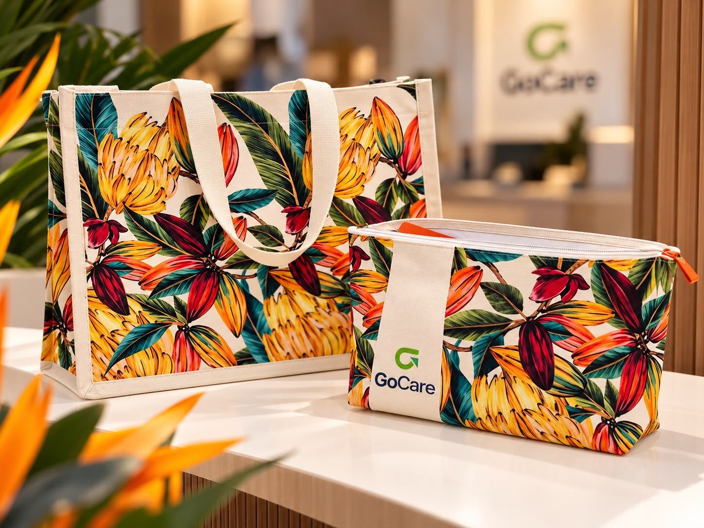 Kit da GoCare para convidados: bolsa e nécessaire com estampa tropical
