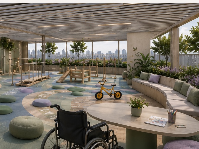 Projeto da área de reabilitação no rooftop, com circuito acessível e barras de apoio
