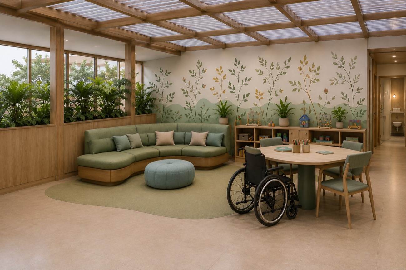Projeto do rooftop terapêutico, com área de convivência acessível para crianças e familiares