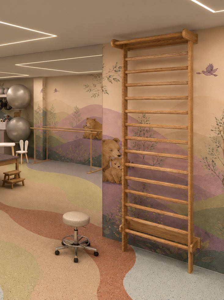 Projeto do espaldar de madeira na sala de fisioterapia