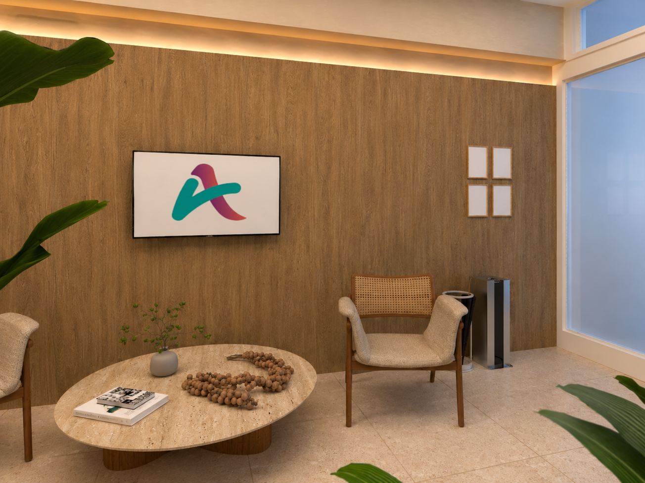 Projeto do estar de espera, com poltronas, mesa de centro e a marca na parede